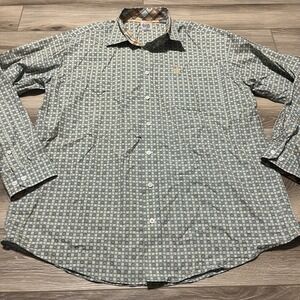 Cinch Men Western Light Blue Orange Geometric Pattern Button Long Sleeve Shirt M